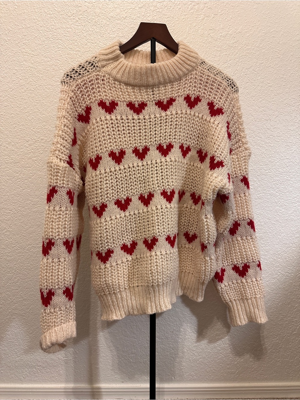 Cream Heart Pattern Knit Sweater - Red Hearts